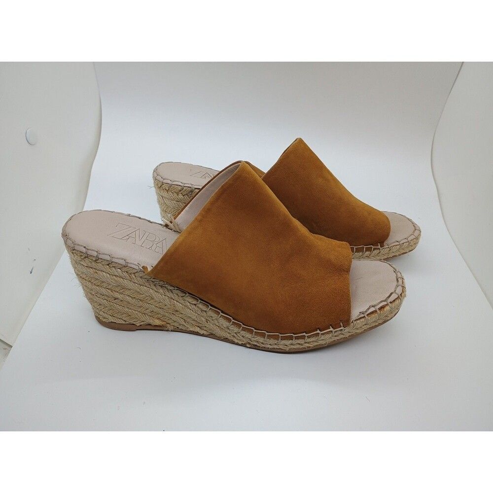 ZARA DESIGNER Sandals Womens Sz EU 38/8.5 Tan Suede Espadrilles Wedge Heels